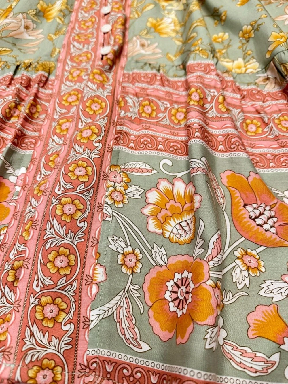 Boho Floral Midi Dress Sage Green Pink Border Print Button Front Size M NWT - Picture 7 of 15